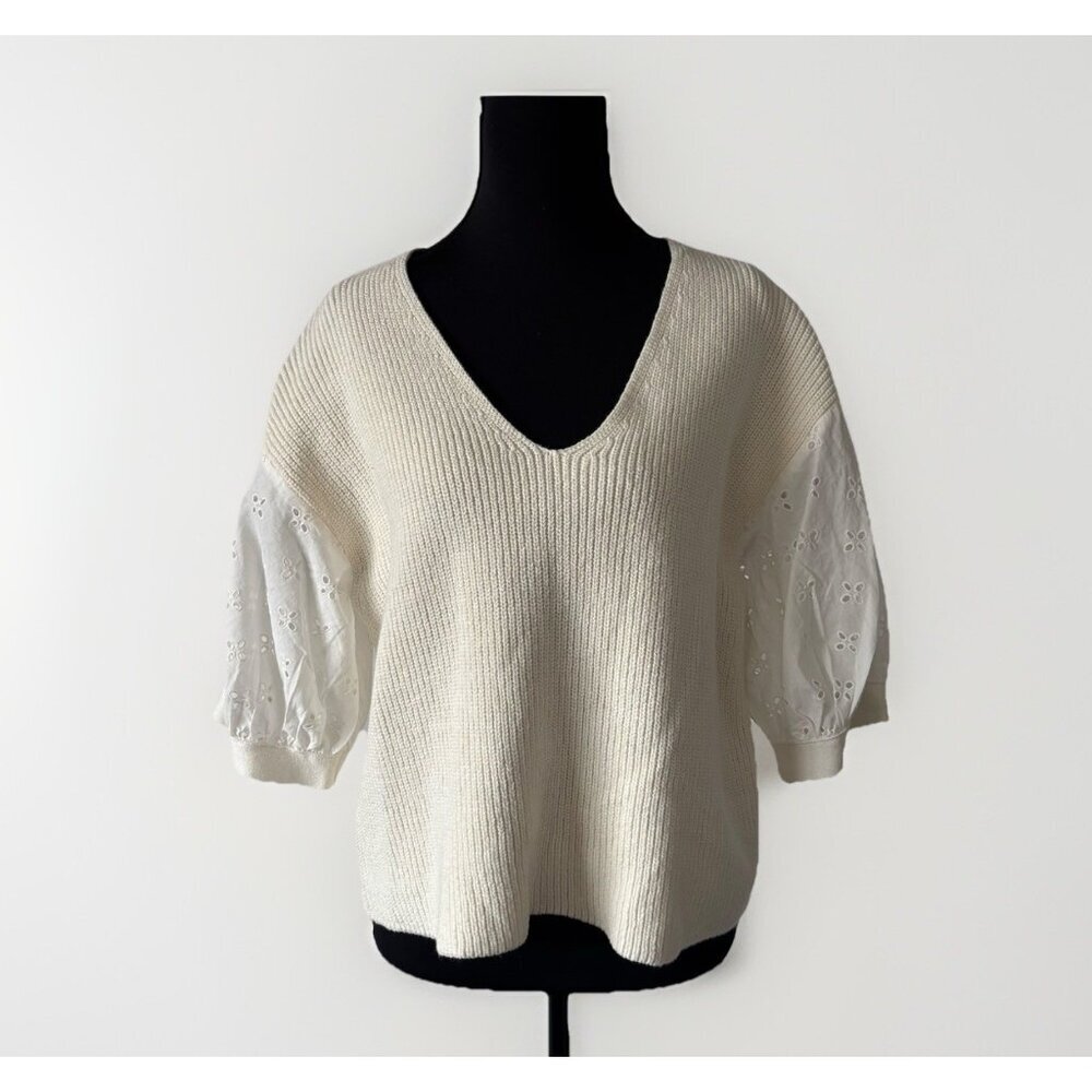 ANN TAYLOR Knit Sweater Top Eyelet Sleeve V-neck Ivory Women M Cottage Peasant